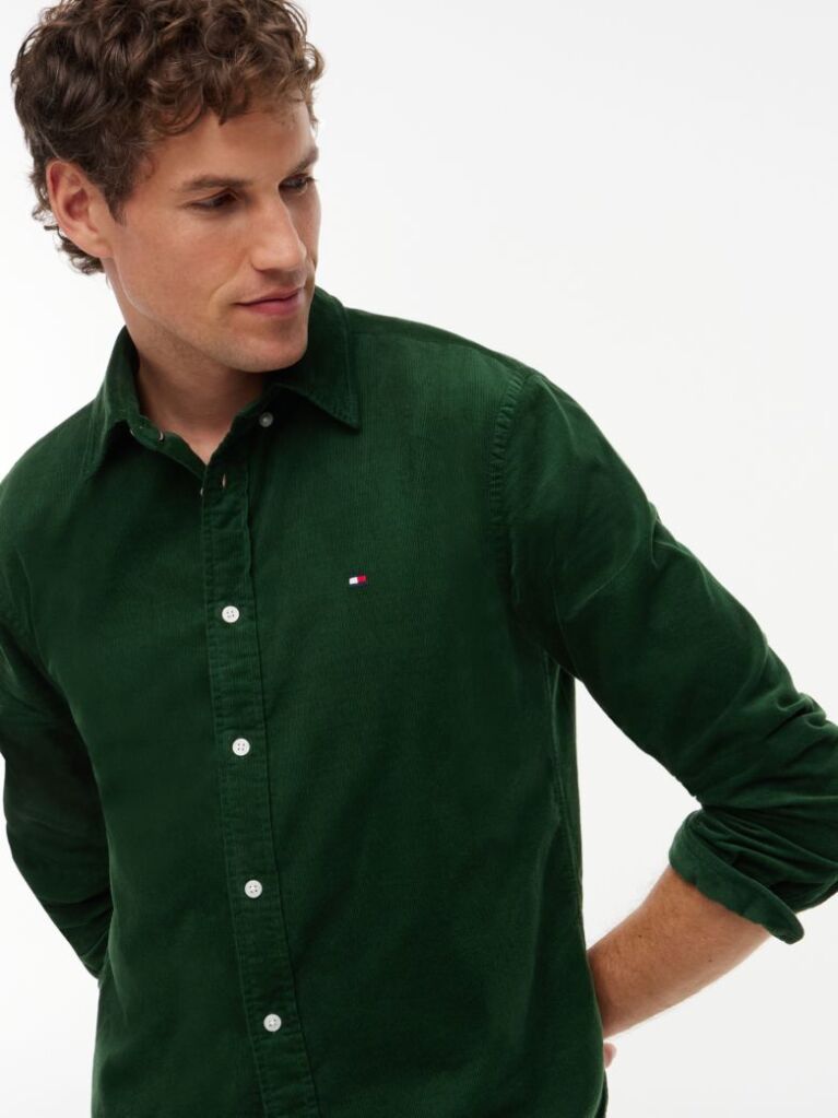 Green Regular Fit Flag Embroidery Corduroy Shirt  Men