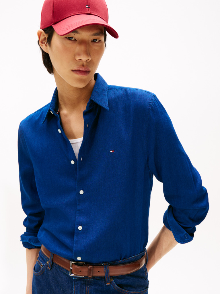 Blue Slim Fit Flag Embroidery Sateen Shirt  Men