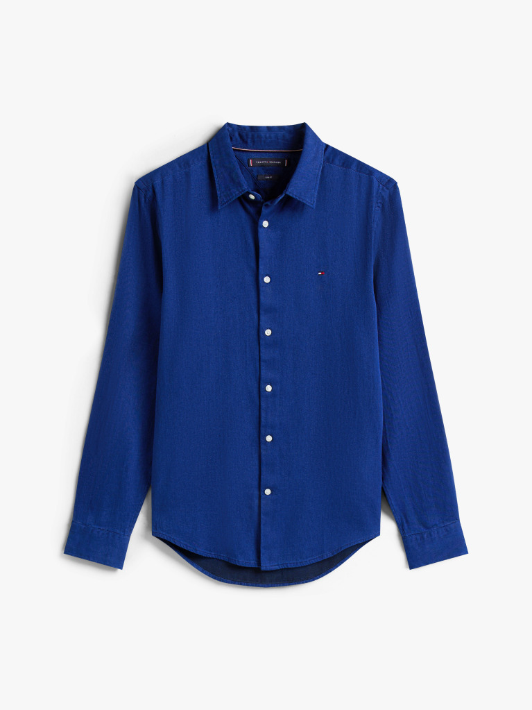 Blue Slim Fit Flag Embroidery Sateen Shirt  Men