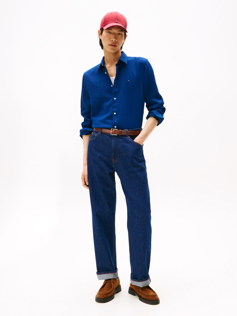 Blue Slim Fit Flag Embroidery Sateen Shirt  Men
