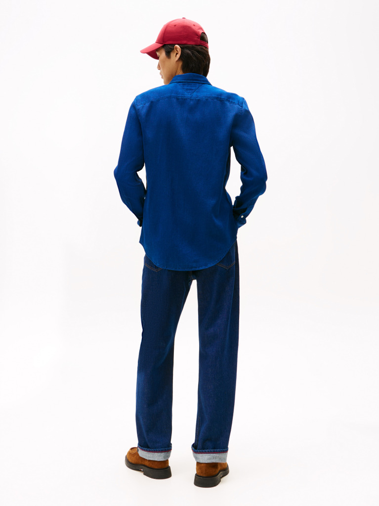 Blue Slim Fit Flag Embroidery Sateen Shirt  Men