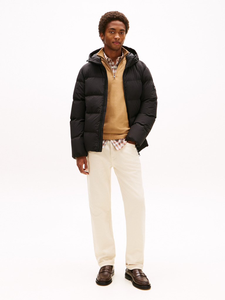 Black Water Repellent Down Hooded Puffer Jacket  Men