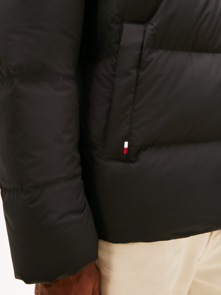 Black Water Repellent Down Hooded Puffer Jacket  Men