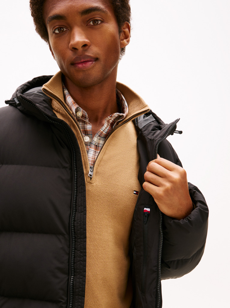 Black Water Repellent Down Hooded Puffer Jacket  Men