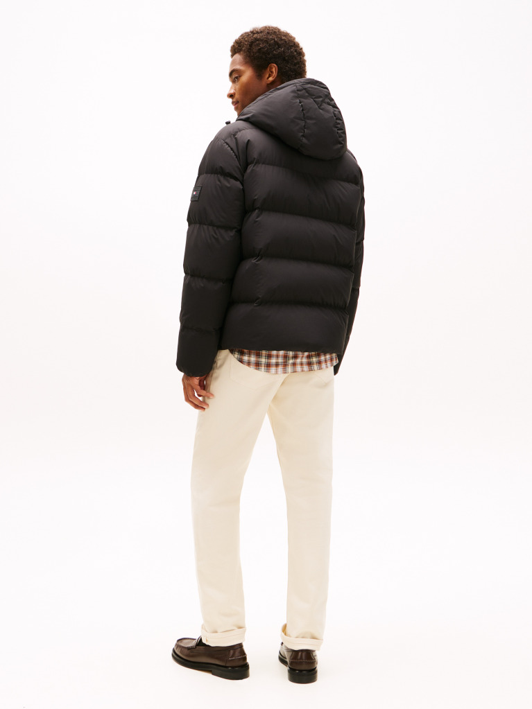 Black Water Repellent Down Hooded Puffer Jacket  Men