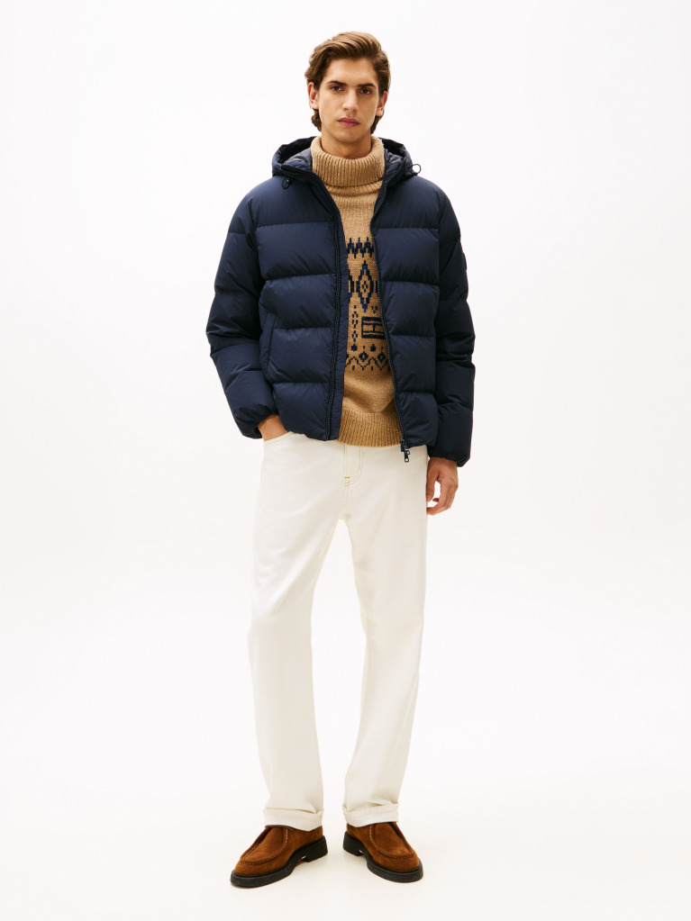 Blue Water Repellent Down Hooded Puffer Jacket  Men