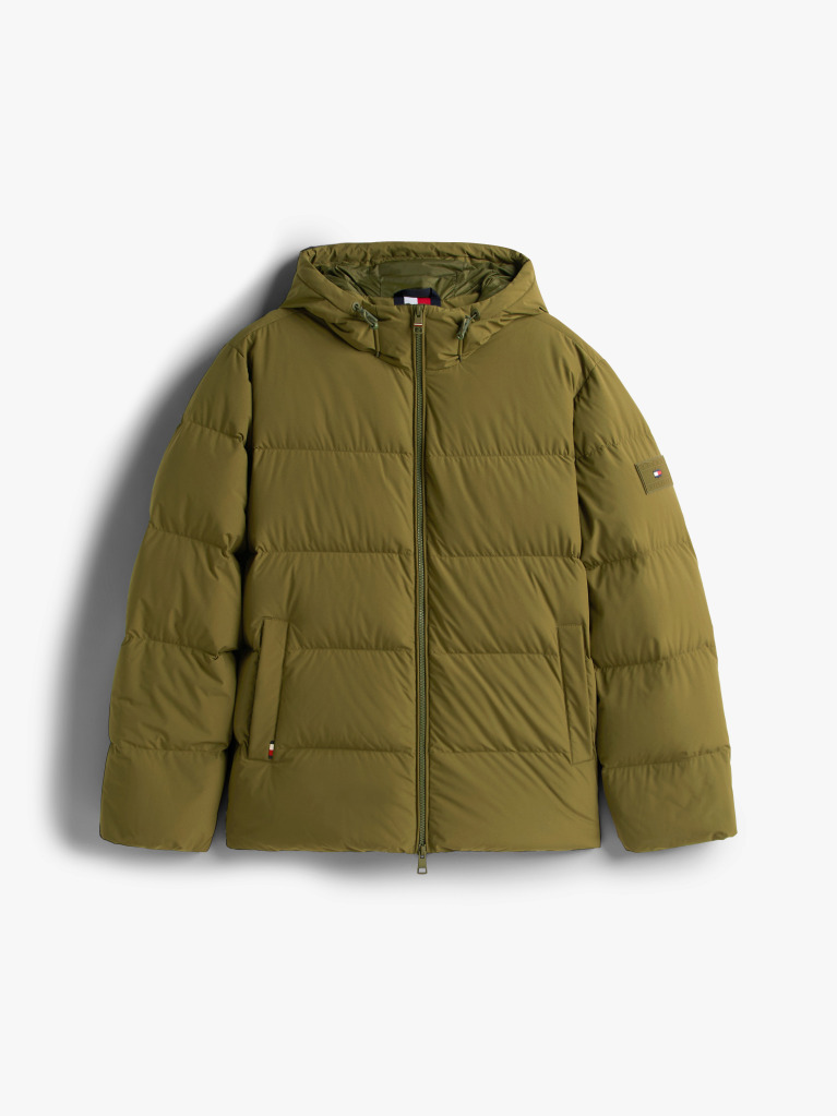 Green Water Repellent Down Hooded Puffer Jacket  Men
