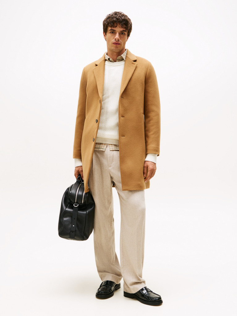 Brown Smart Casual Wool Blend Single Breasted Coat  Men
