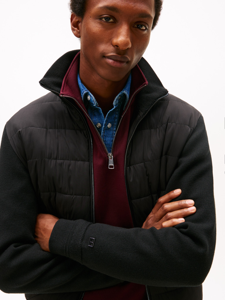 Black Smart Casual Mixed Texture Zip-Thru Jacket  Men