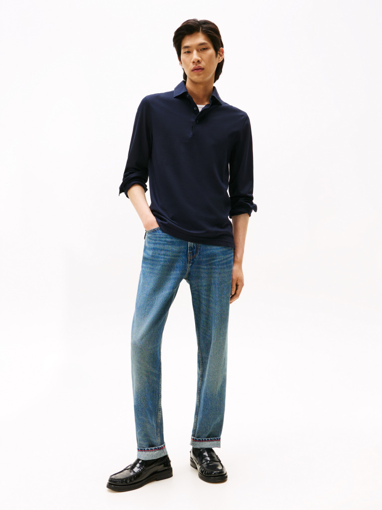 Μπλε Smart Casual Μακρυμάνικη Μπλούζα Πόλο Σε Slim Γραμμή  Άνδρες
