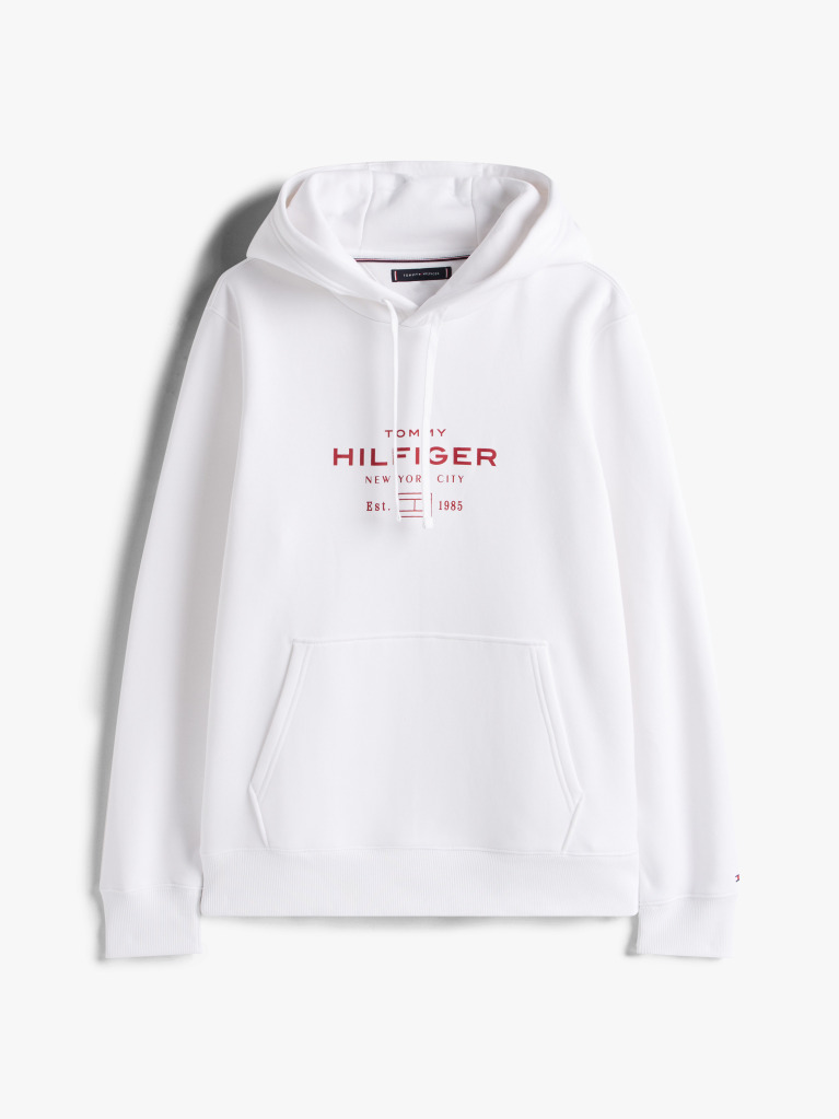 White Perfect for fighting the cold, this warm hoodie is enhanced with a stylish, tonal Tommy Hilfiger logo and crafted from high-quality interlock knit.  Men
