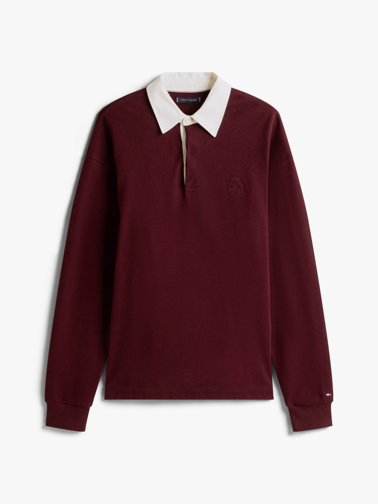 Red Varsity Contrast Collar Relaxed Rugby Shirt  Men