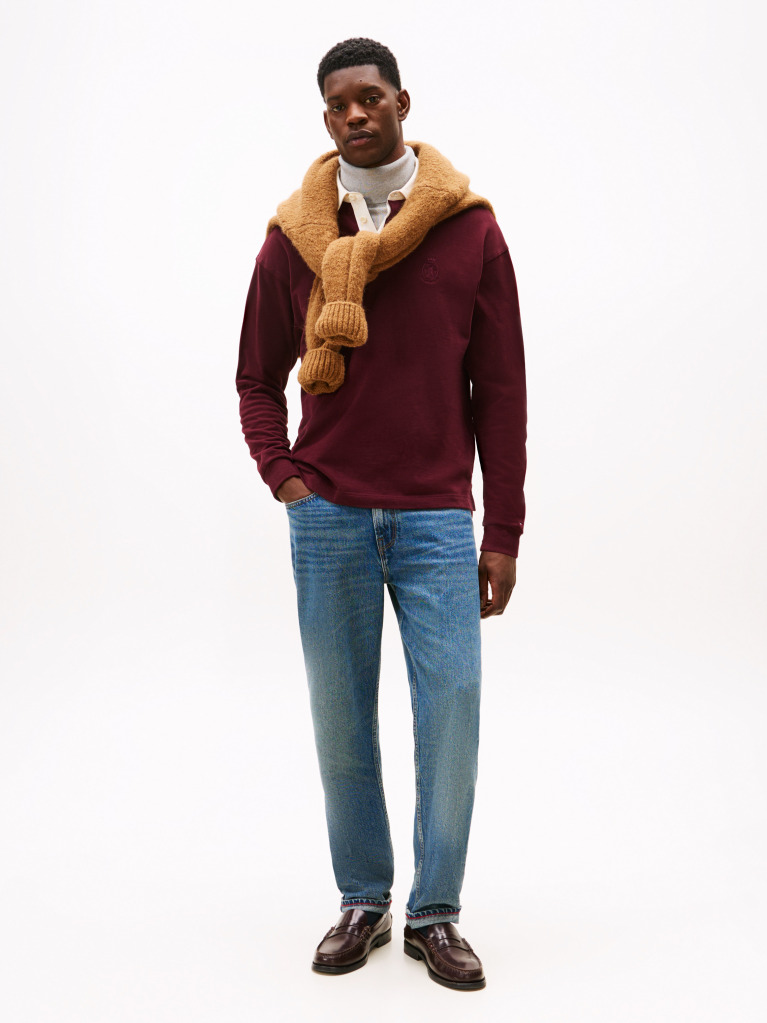 Red Varsity Contrast Collar Relaxed Rugby Shirt  Men