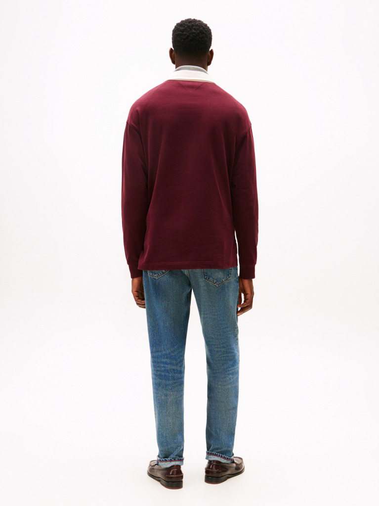 Red Varsity Contrast Collar Relaxed Rugby Shirt  Men
