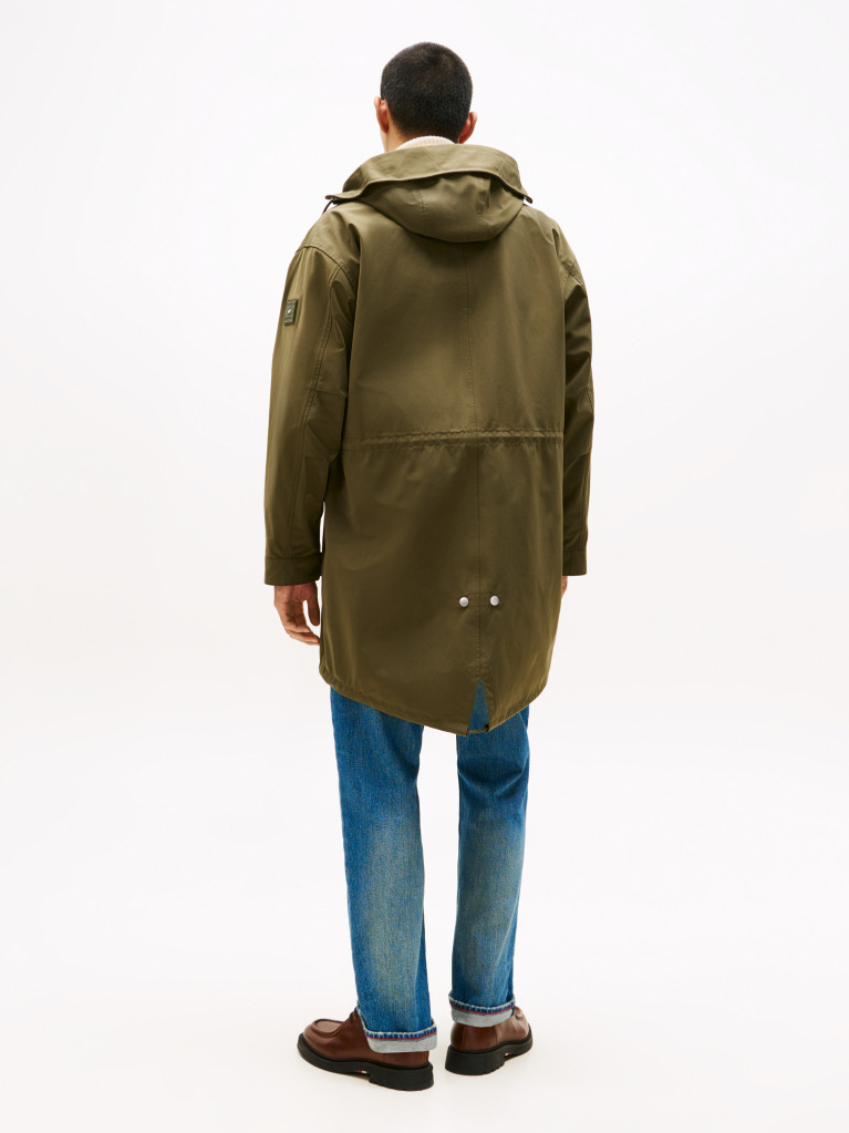 Green Windproof Logo Patch Hooded Parka  Men