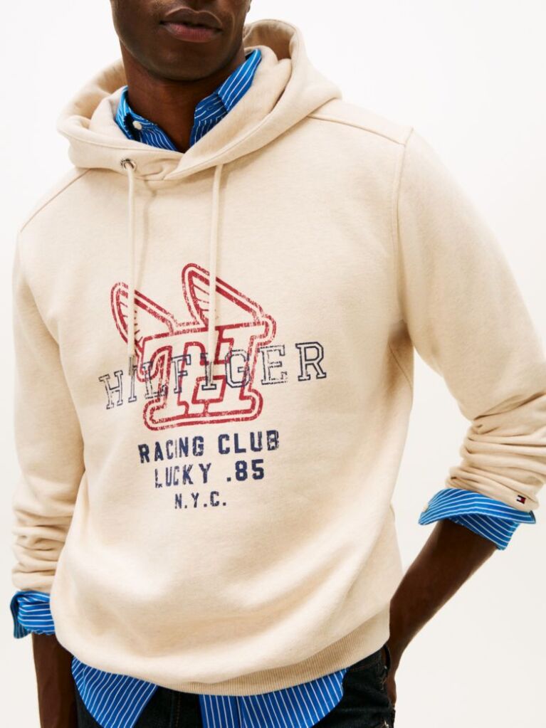 Beige Graphic Terry Drawstring Hoody  Men