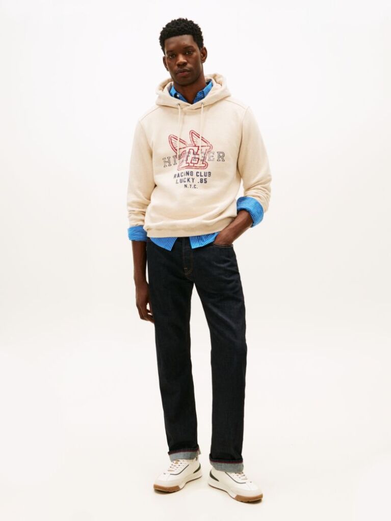 Beige Graphic Terry Drawstring Hoody  Men