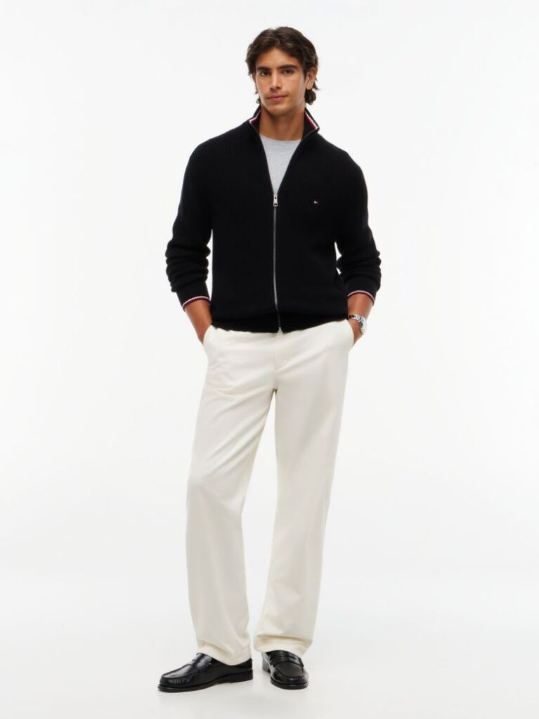 Black Rib Zip Through Cardigan  Men