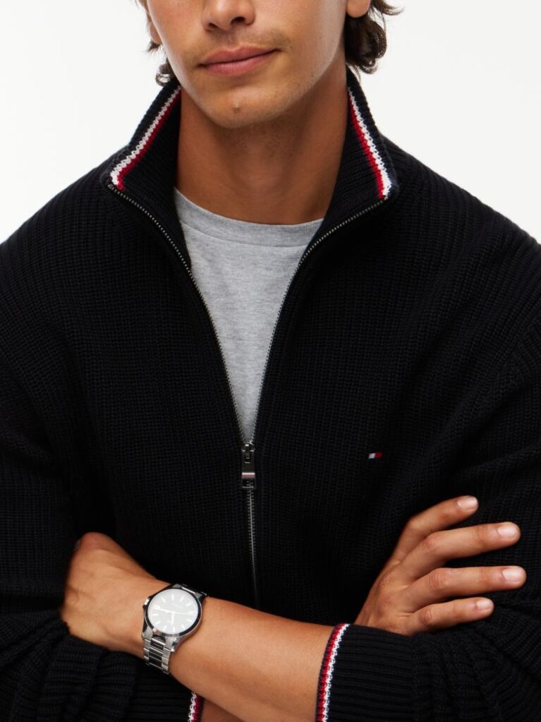 Black Rib Zip Through Cardigan  Men