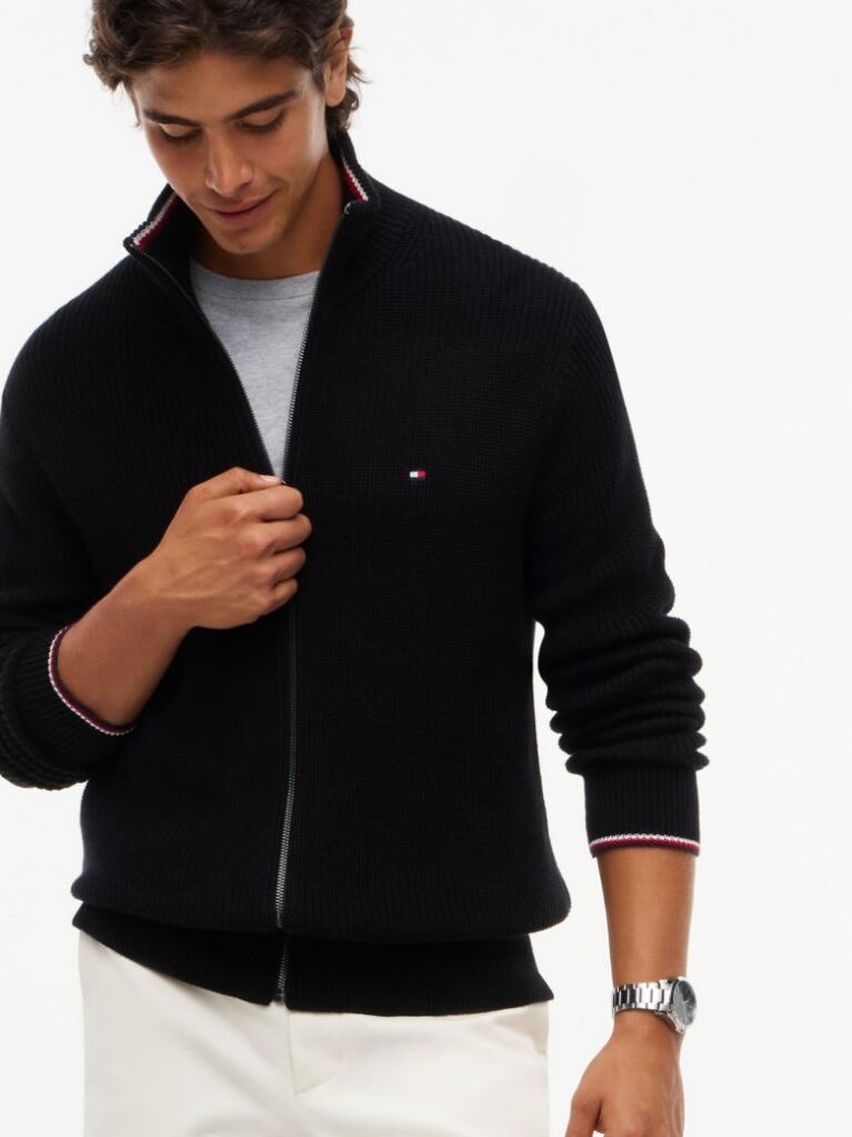 Black Rib Zip Through Cardigan  Men