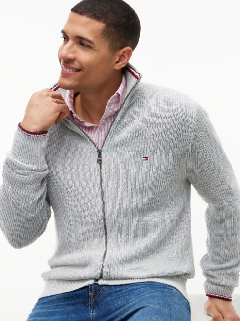Grey Rib Zip Through Cardigan  Men