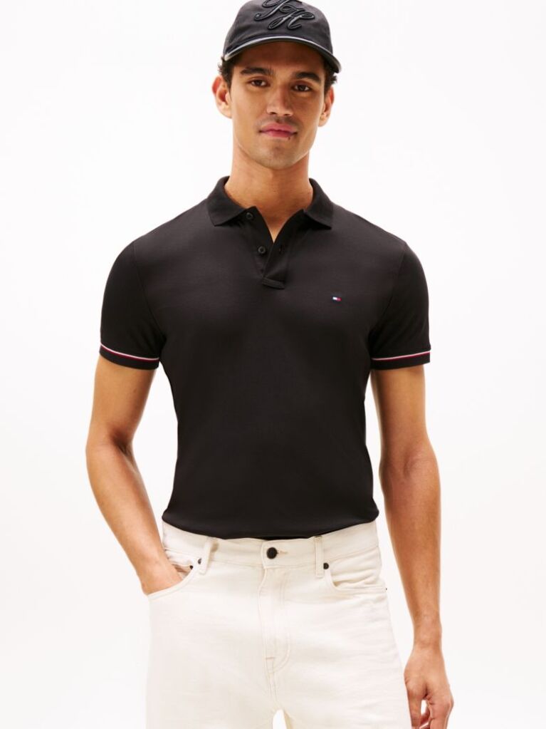 Black Slim Fit Tipped Pique Polo Shirt  Men