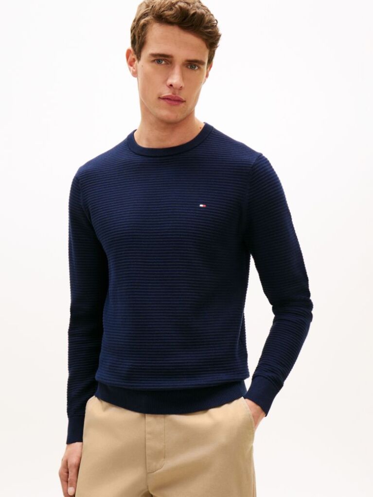 Blue Textured Knit Crew Neck Jumper  Men