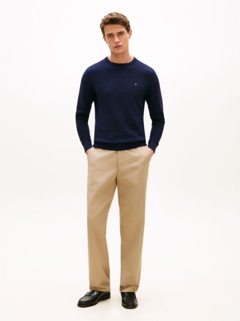 Blue Textured Knit Crew Neck Jumper  Men