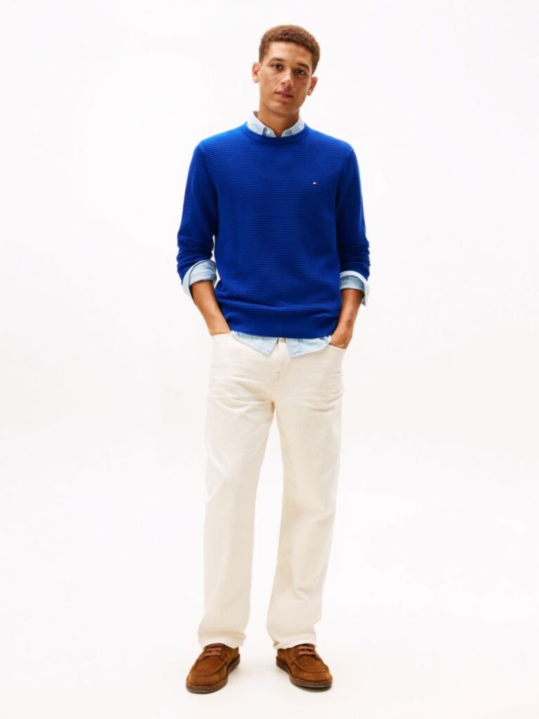 Blue Textured Knit Crew Neck Jumper  Men