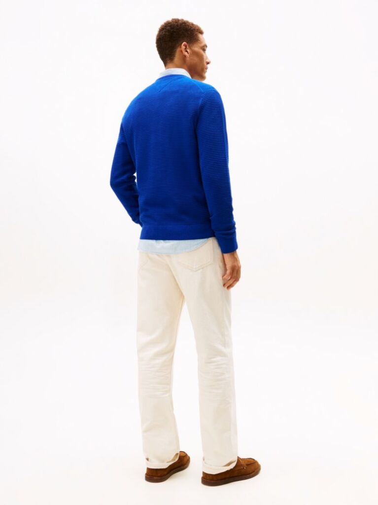 Blue Textured Knit Crew Neck Jumper  Men