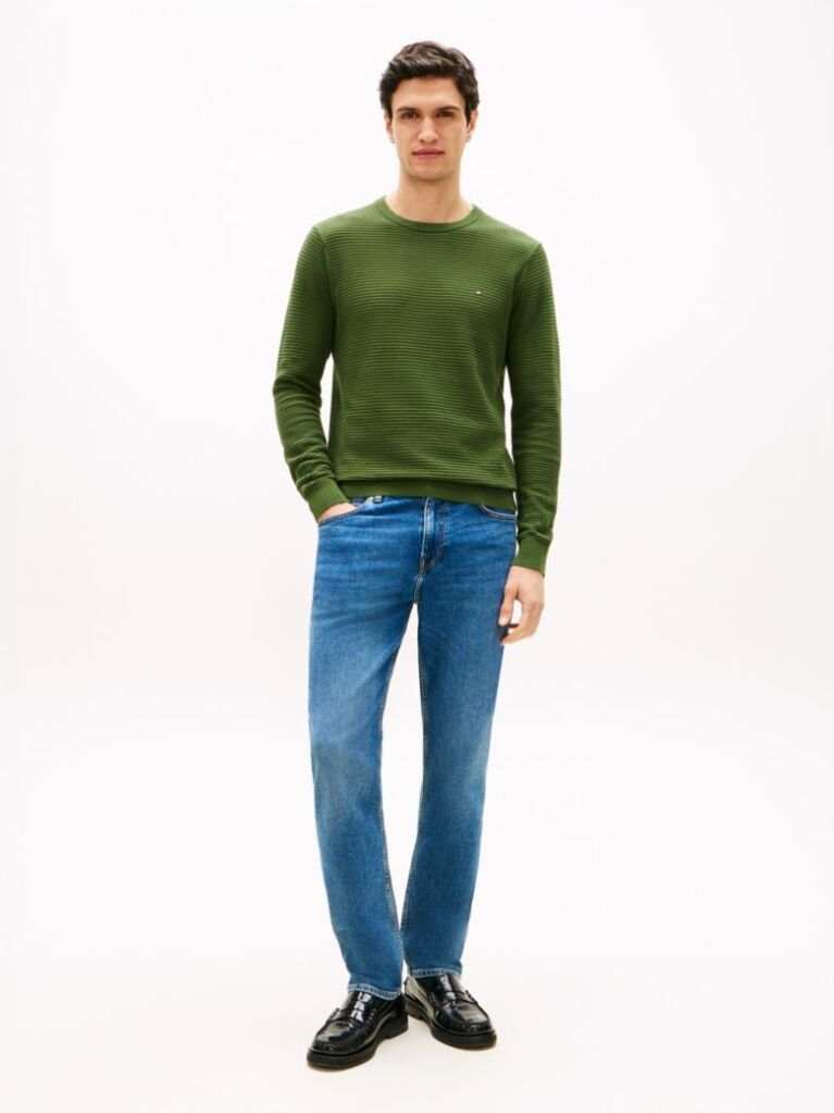Green Textured Knit Crew Neck Jumper  Men
