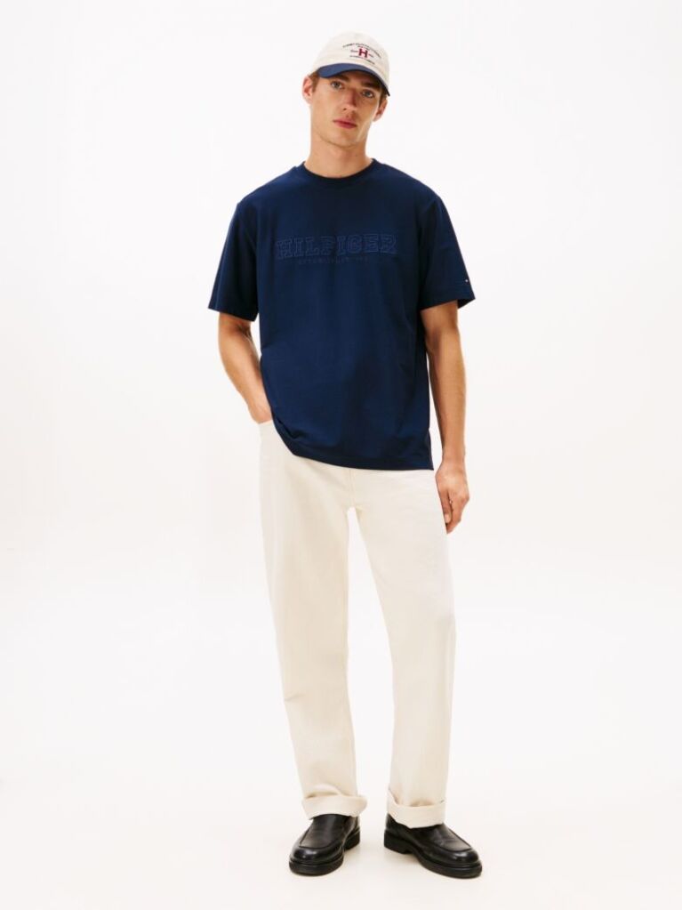 Μπλε Άνετο T-Shirt Με Στρογγυλή Λαιμόκοψη Και Κεντημένο Λογότυπο  Άνδρες