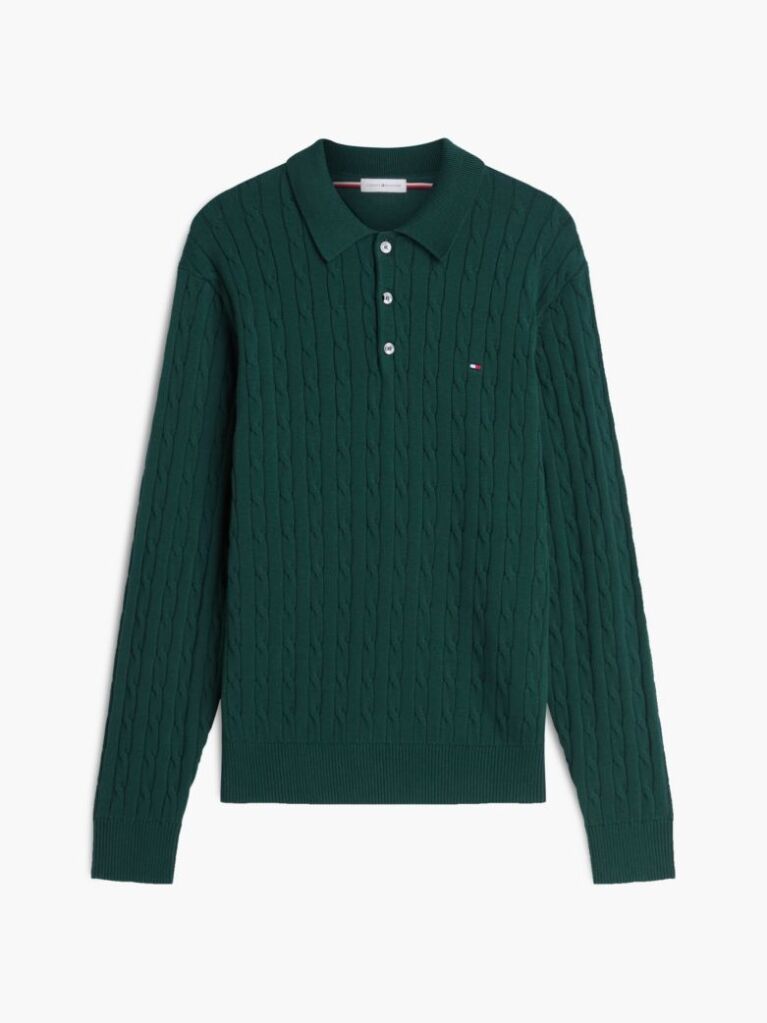 Green Cable Knit Polo Jumper  Men