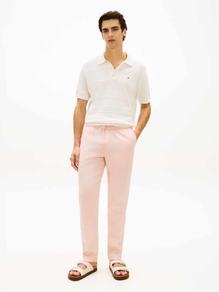 Pink Harlem Tapered Leg Linen Blend Chinos  Men