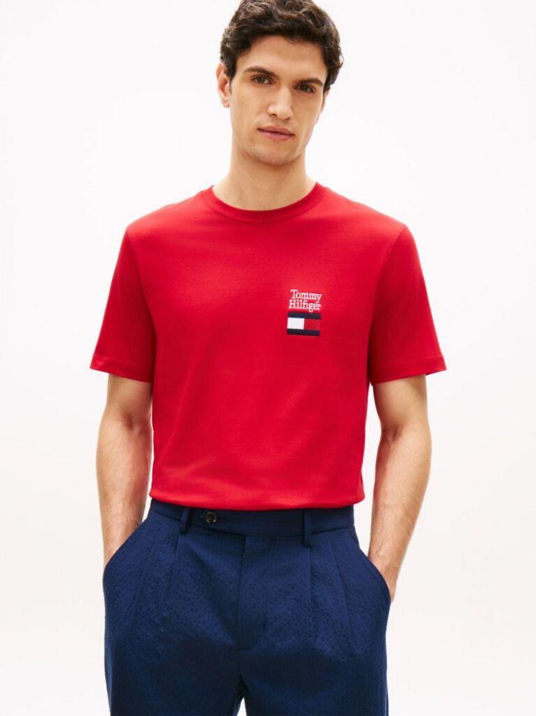 Red Logo Embroidery Jersey Crew Neck T-Shirt  Men