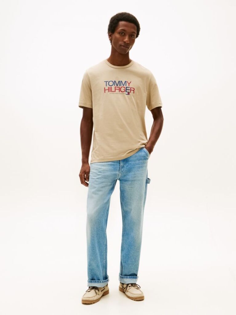 Beige Logo Graphic Crew Neck T-Shirt  Men