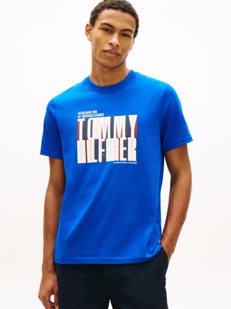 Blue Multicolour Logo Graphic Crew Neck T-Shirt  Men
