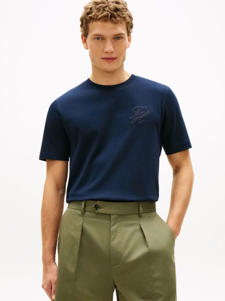 Blue Tonal Logo Embroidery Crew Neck T-Shirt  Men