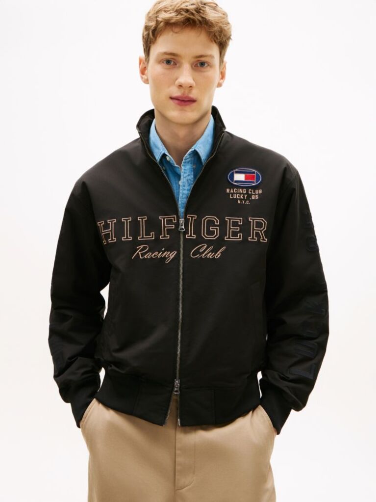 Black Logo Embroidery Racing Jacket  Men