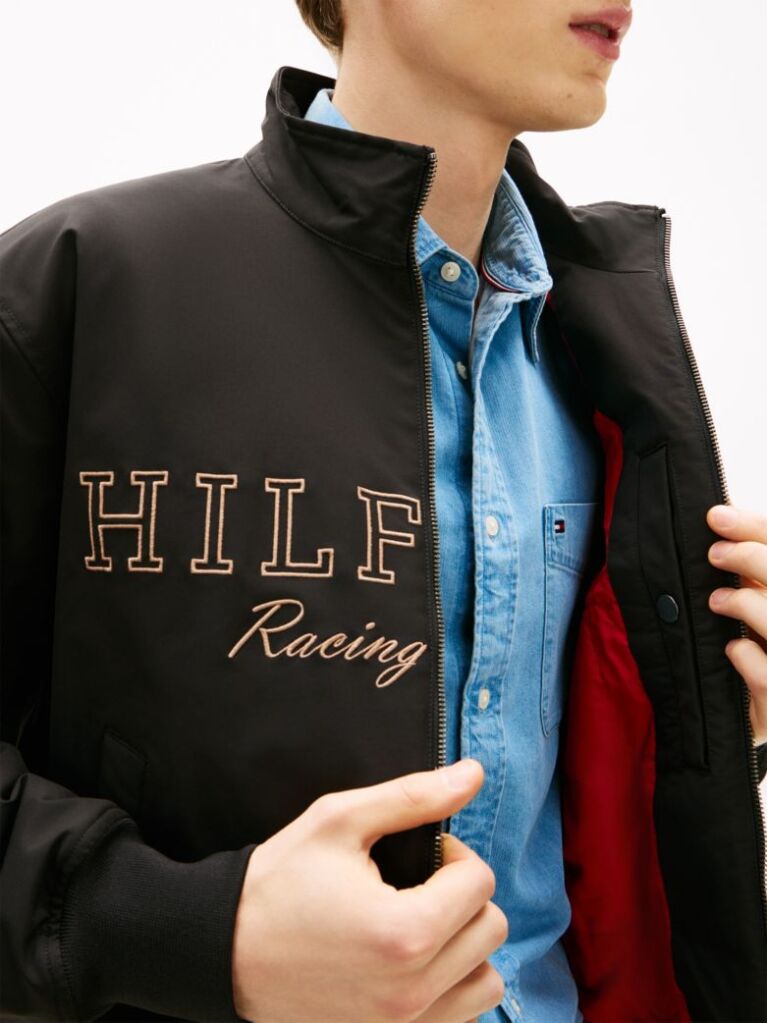 Black Logo Embroidery Racing Jacket  Men