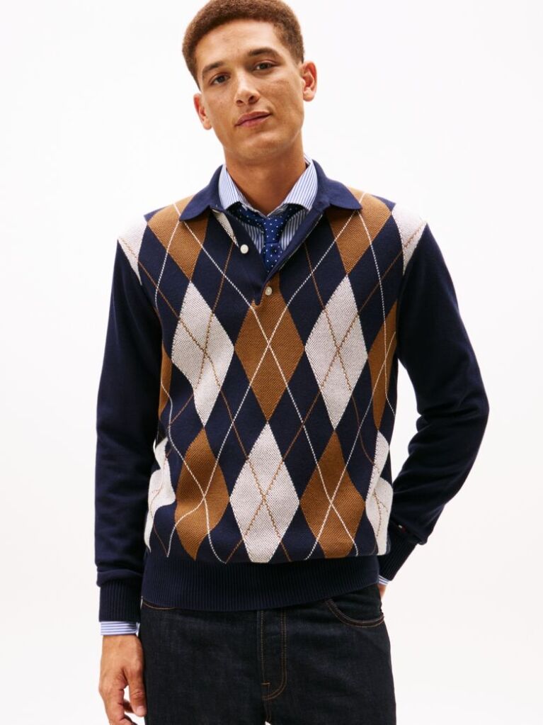 Blue Argyle Rugby Collar Jumper  Men