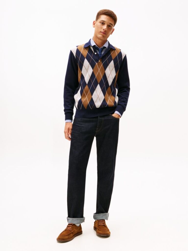 Blue Argyle Rugby Collar Jumper  Men