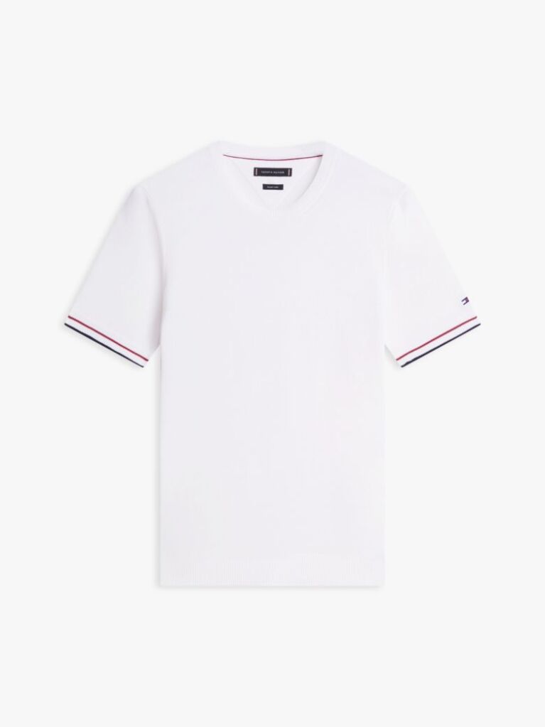 White Smart Casual Tipped Technical Knit T-Shirt  Men