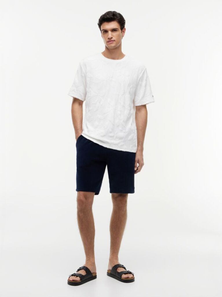 White Towelling Jacquard Relaxed Crew Neck T-Shirt  Men
