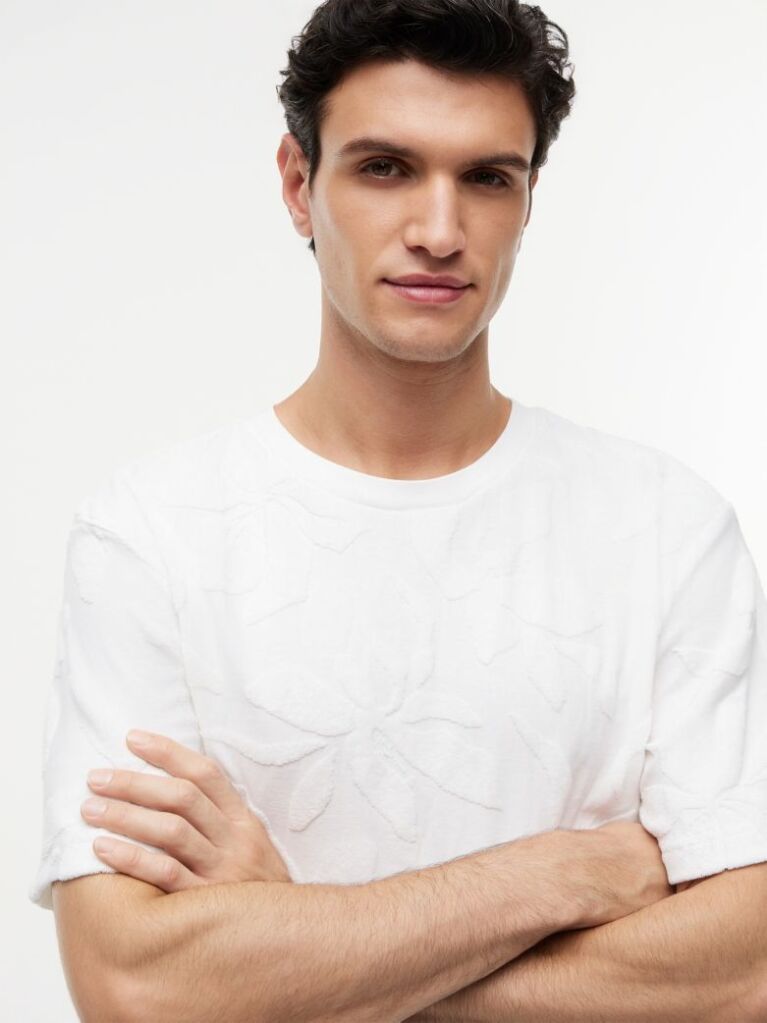 White Towelling Jacquard Relaxed Crew Neck T-Shirt  Men