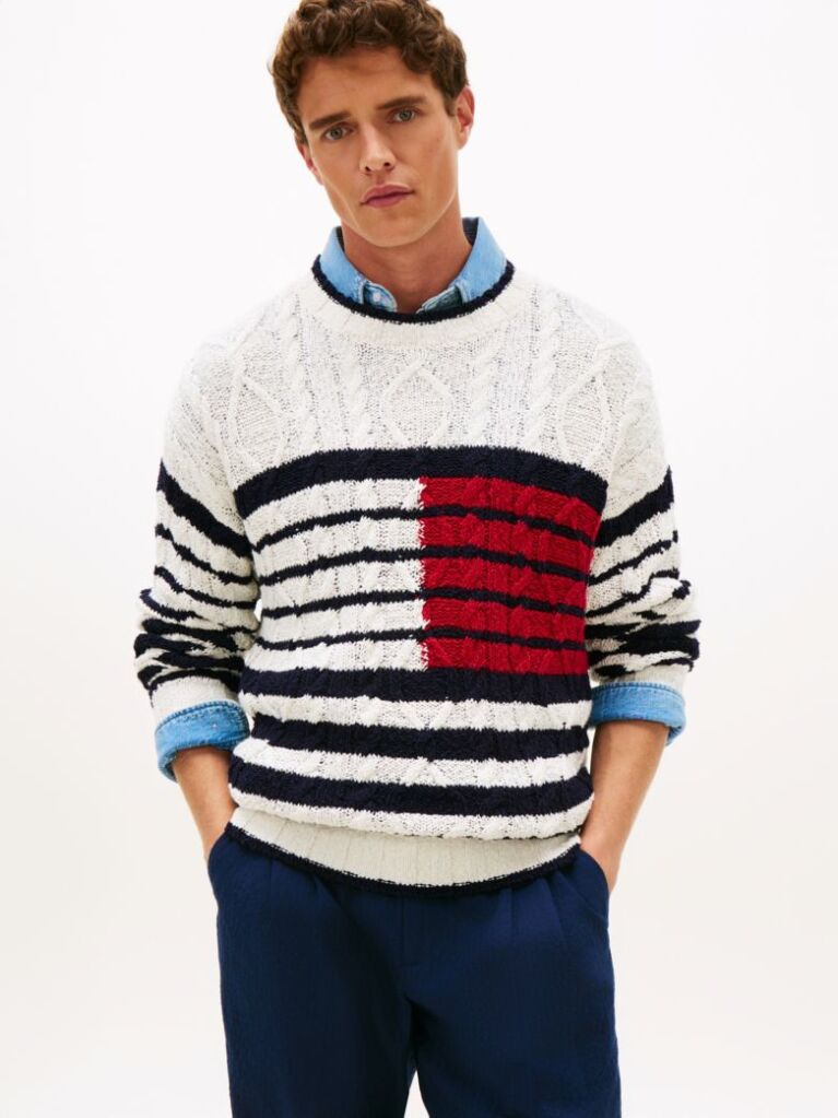 Multi Cable Knit Breton Stripe Flag Jumper  Men