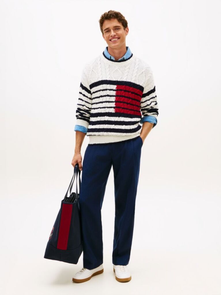 Multi Cable Knit Breton Stripe Flag Jumper  Men