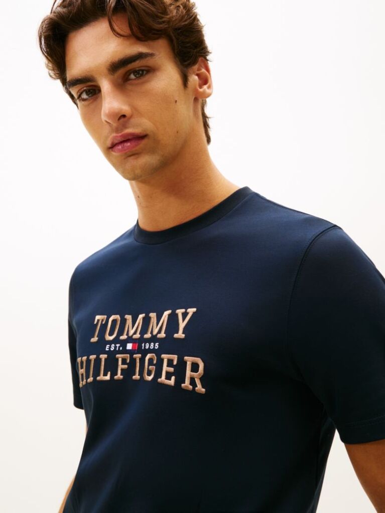 Μπλε T-Shirt Με Κλασική Λαιμόκοψη Και Κεντητό Λογότυπο  Άνδρες