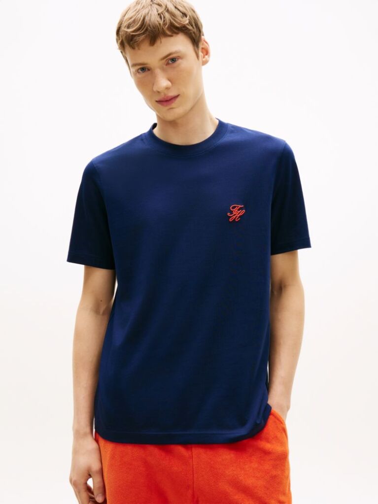 Μπλε Βαμβακερό T-Shirt Με Κεντητό Λογότυπο  Άνδρες