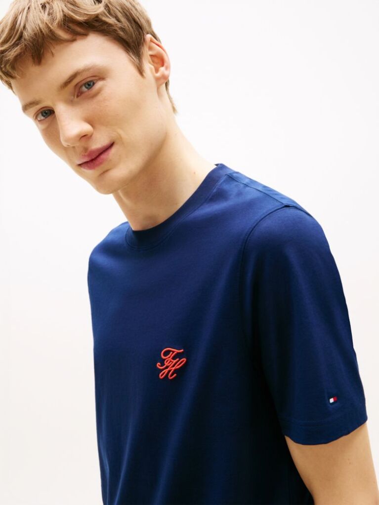 Μπλε Βαμβακερό T-Shirt Με Κεντητό Λογότυπο  Άνδρες